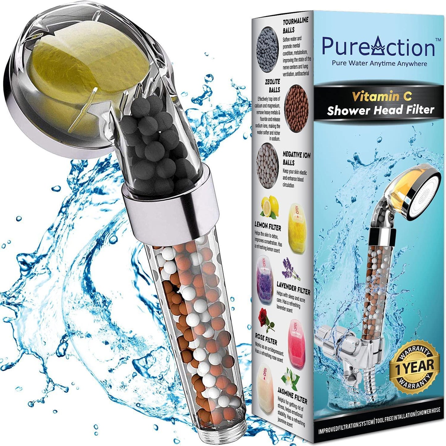 PureAction Vitamin C Shower Head Filter with Hose & Replacement