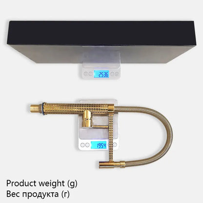 Luxury Kitchen Faucet | Gold Brass Faucet Featuring Swivel Rotation + Drop Down Hose