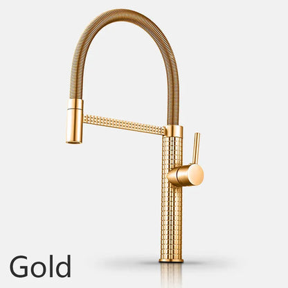 Luxury Kitchen Faucet | Gold Brass Faucet Featuring Swivel Rotation + Drop Down Hose